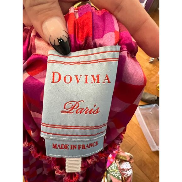 Dovima Paris Pink Checkered 100% Silk Ruffle Sleeve Tie Waist Maxi Dress L - Picture 7 of 7